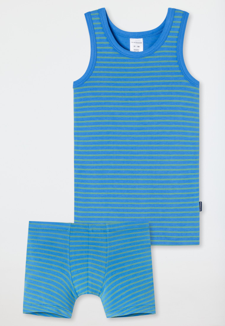 Underwear set 2-piece undershirt boxer briefs soft waistband organic cotton stripes blue / lime - Rat Henry