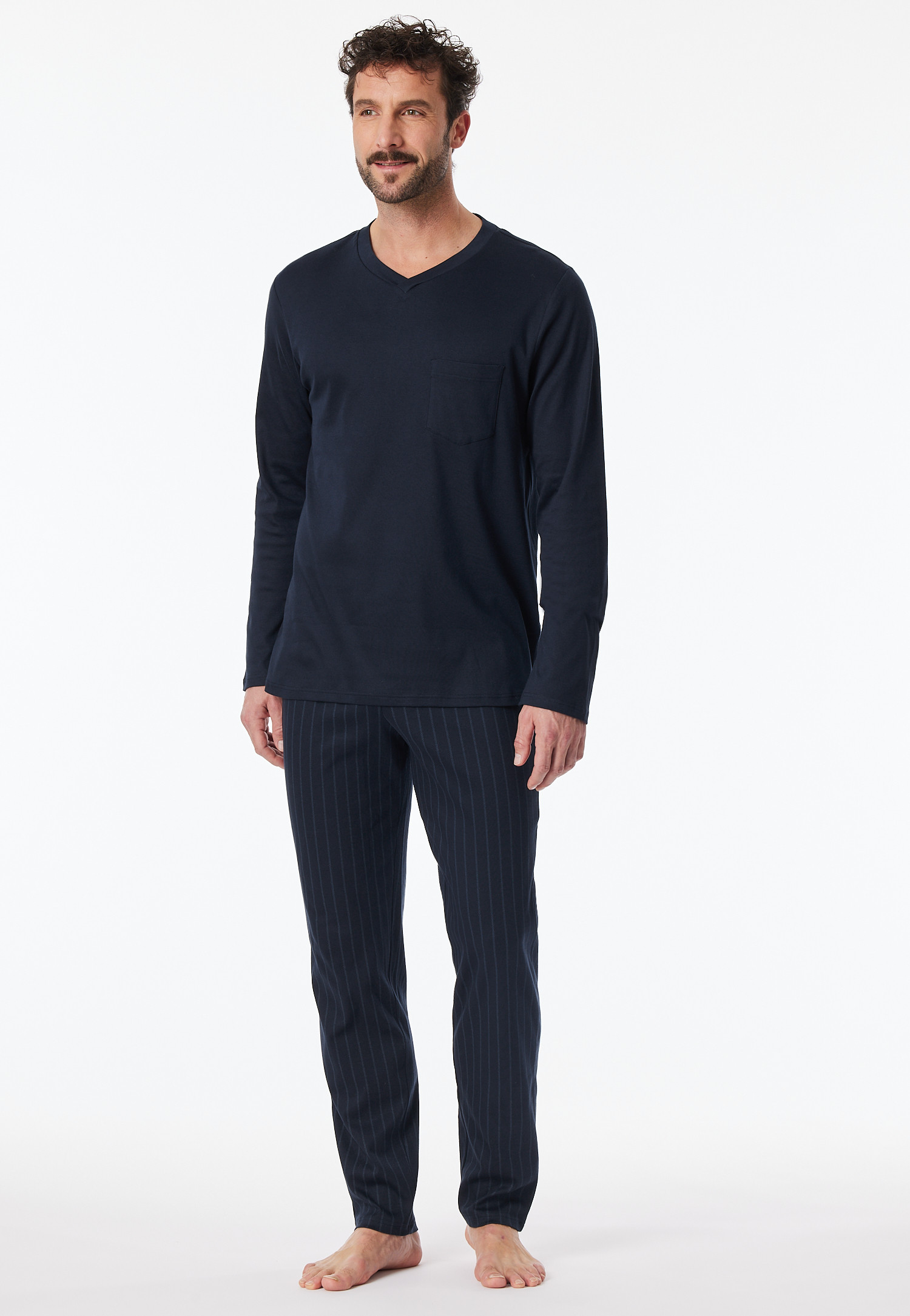 Schiesser Herren Schlafanzug Lang - Fein Interlock Baumwolle Nachtblau