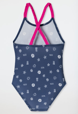 Badpak gebreide stof SPF40+ strepen donkerblauw - Aqua