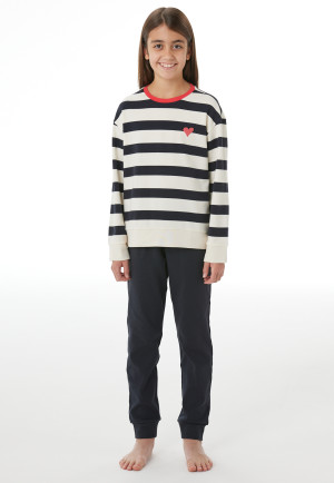Pyjama long à poignets en bords-côtes, rayures et curs, bleu marine - Nightwear