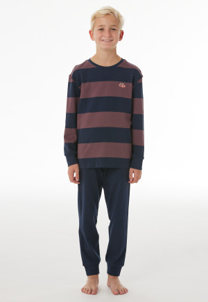 Lange pyjama van interlock met streepjes aan de manchetten, cacaobruin - Nightwear