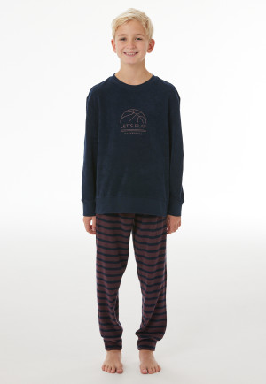 Schlafanzug lang Frottee Bündchen Ringel nachtblau - Nightwear