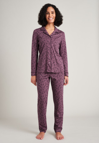 Pyjama lang Interlock Paspeln Hemdkragen Blumenprint mauve - Simplicity