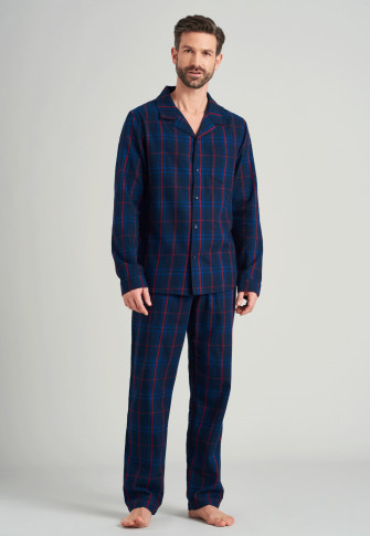 Pyjama lang flanel knoopsluiting nachtblauw geruit  Warming Nightwear