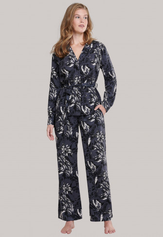 Pyjama geweven viscose V-hals ceintuur bloemenprint grafiet - selected! premium