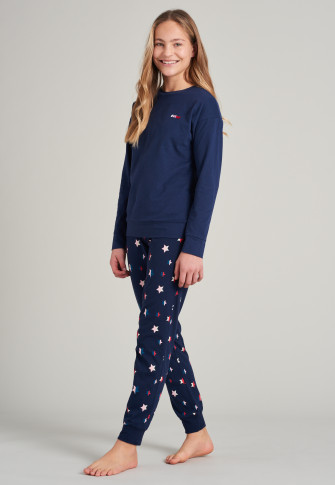 Pyjama lang biologisch katoen manchetten sterren nachtblauw - Winter Fun