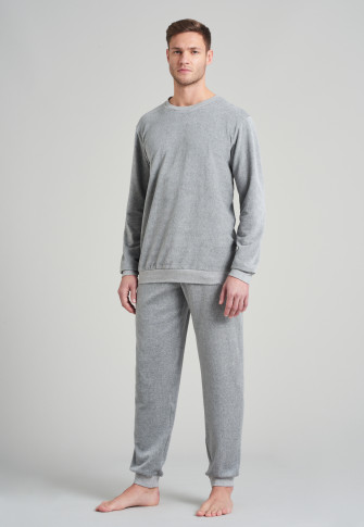 Schlafanzug lang Velours Bündchen Ringel grau-meliert - Warming Nightwear