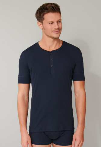 Shirt short-sleeved double rib organic cotton button placket dark blue - Retro Rib