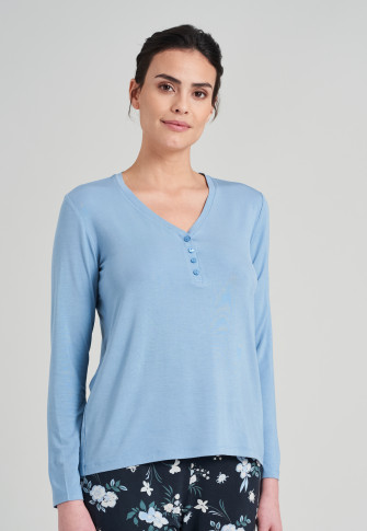 Shirt lange mouwen modal V-hals knoopsluiting lichtblauw - Mix+Relax