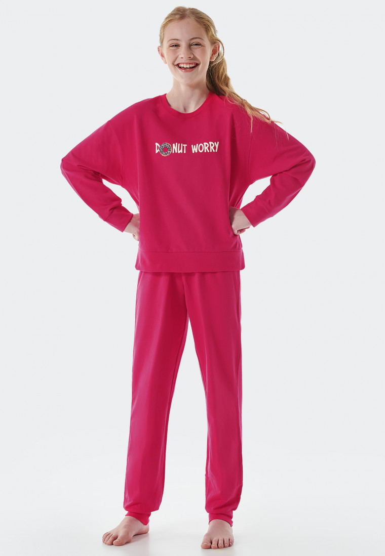 pinkteens.net 13)( Pajamas long sweat fabric organic cotton cuffs donut pink - Teens Nightwear  | SCHIESSER