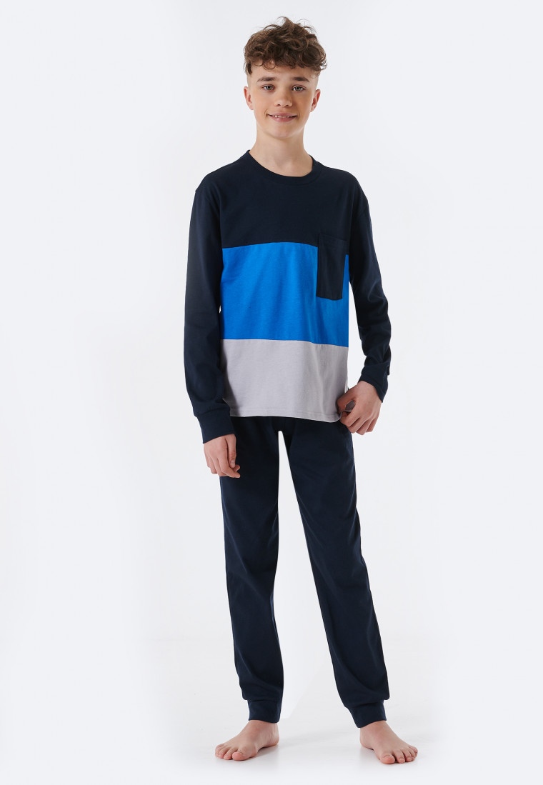 Schlafanzug lang Organic Cotton Bündchen Streifen Brusttasche blau - Teens  Nightwear | SCHIESSER