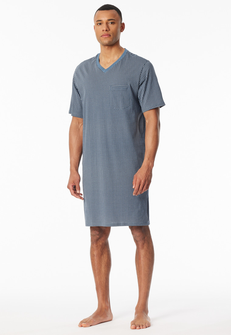 Nachthemd korte mouw Organic Cotton V-hals borstzak grafiet geruit - Comfort Nightwear