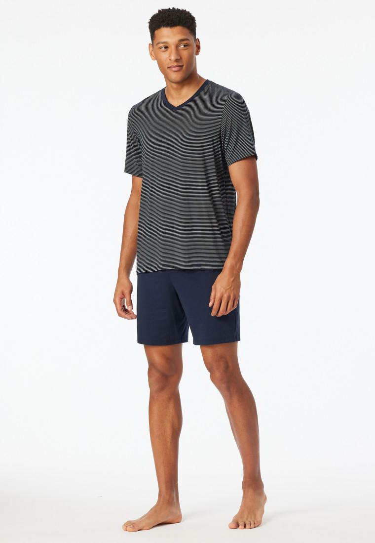 Pyjama korte modal v-hals strepen navy - Long Life Soft