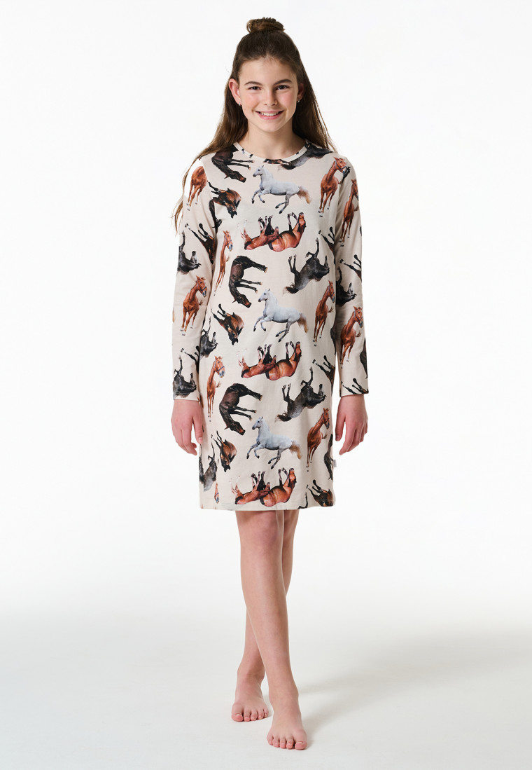 Nachtjapon lange mouwen Organic Cotton paarden off-white - Horse World