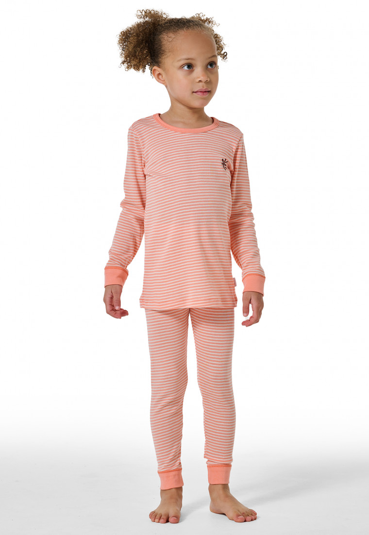 Schlafanzug lang Feinripp Bündchen Ringel Sonne apricot - Natural Love