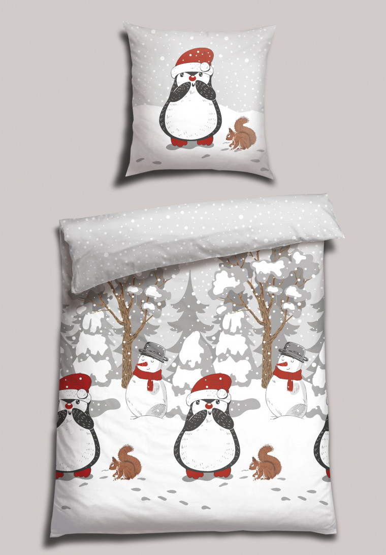 Parure de lit, 2 pièces, en fine flanelle, multicolore avec des pingouins et des écureils - SCHIESSER HOME