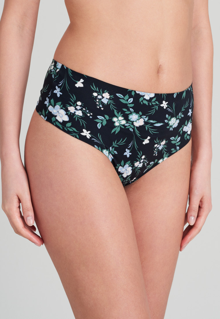 High-waisted thong microfiber floral print black-patterned - Invisible Soft