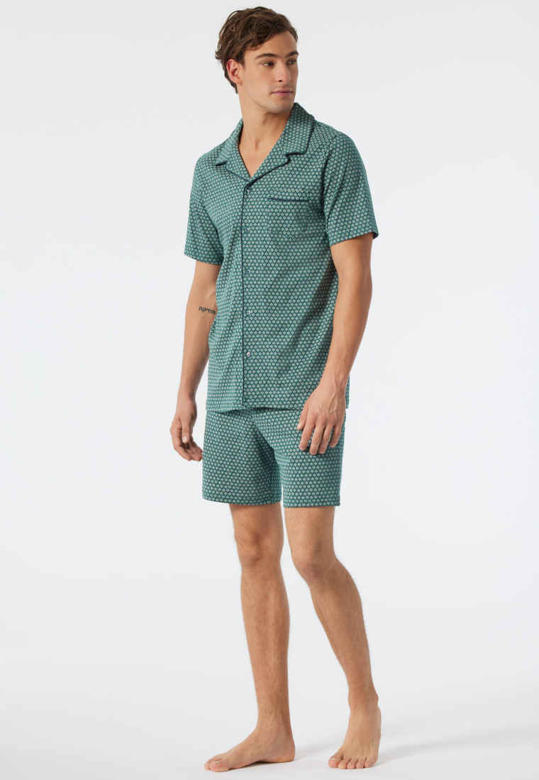 Pyjama kurz Feininterlock Paspeln gemustert dunkelgrün - Fine Interlock