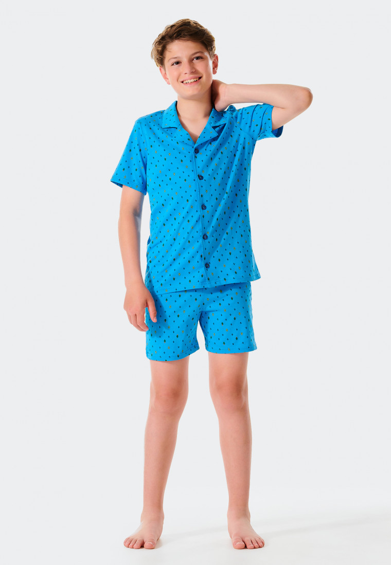 Pyjama court bleu en coton bio et patte de boutonnage - Pyjama Story