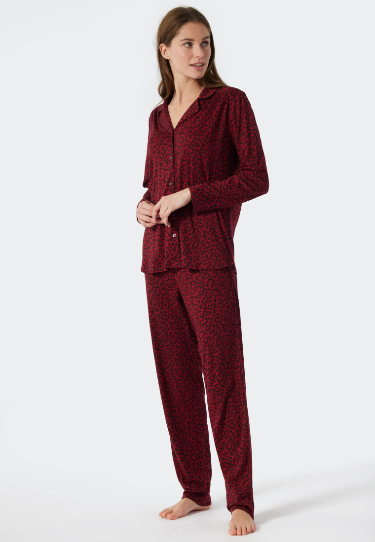 Pyjama long col revers en interlock patte de boutonnage imprimé fleuri bordeaux - Classic Comfort Fit