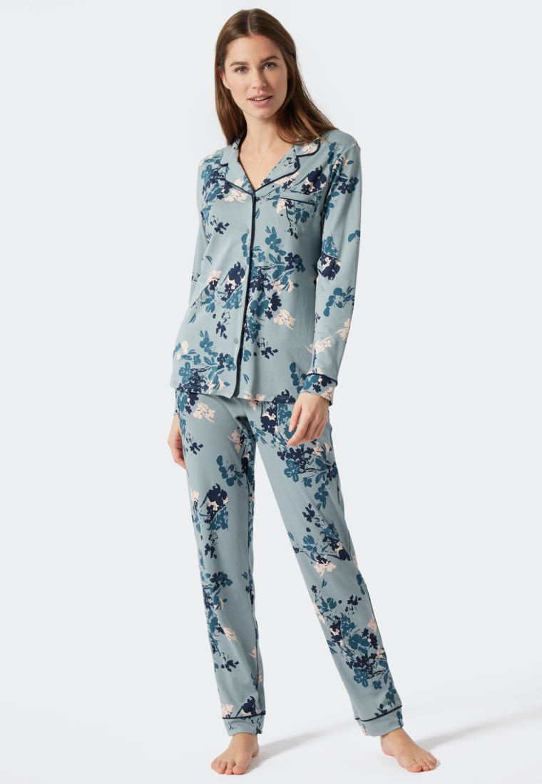 Pyjama lang Interlock Reverskragen Paspeln Blumenprint graublau - Contemporary Nightwear