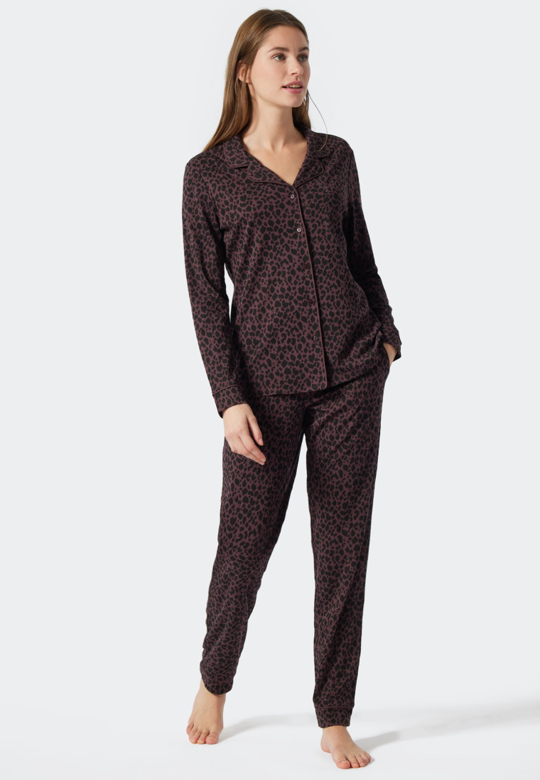 Pyjama long interlock col revers passepoils bordeaux - Contemporary Nightwear