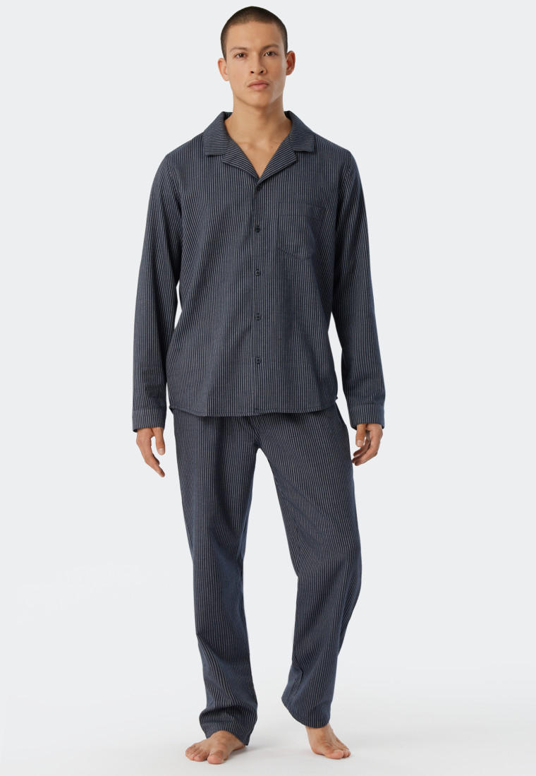 Lange geweven flanellen pyjama met knoopsluiting gestreept blauw/grijs - Pyjama Story