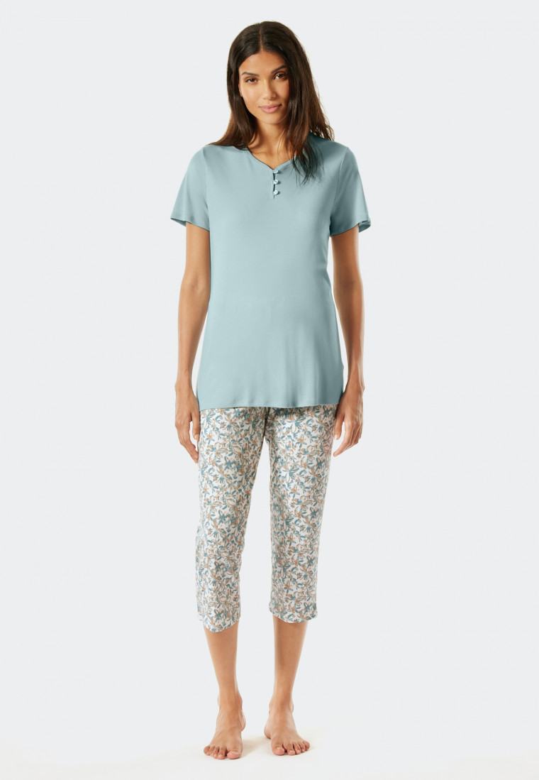 Pyjama 3/4, interlock, encolure en V, patte de boutonnage, bleu clair - Feminine Floral Comfort Fit