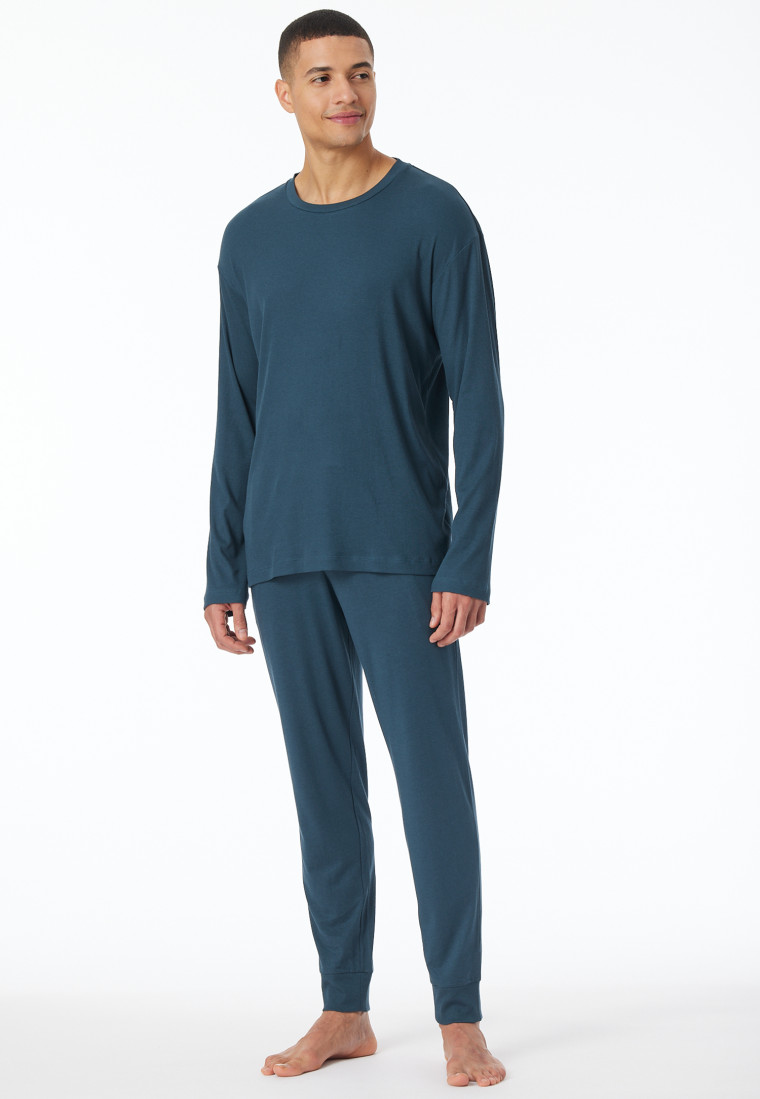 Schlafanzug Doppelripp lang Bündchen dunkelblau - Modern Nightwear
