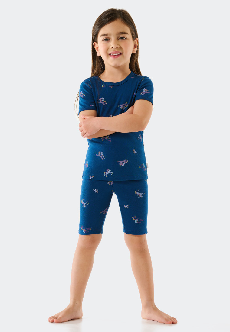 Schlafanzug kurz Feinripp Organic Cotton SCHIESSER Girls - World blau | Einhörner