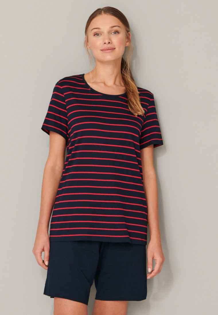 Pyjama kort streepjes donkerblauw-rood - selected! premium inspiration