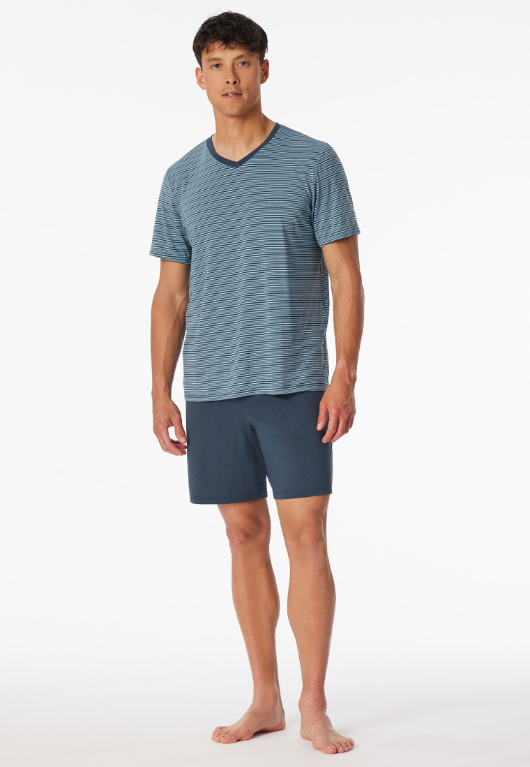Schlafanzug kurz Ringel V-Ausschnitt jeansblau - Long Life Soft