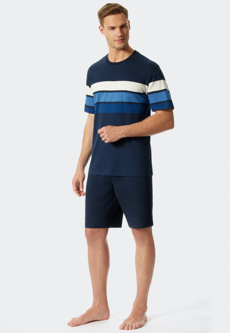 Pyjama court col rond larges rayures bleu foncé/aigue-marine - Fashion Nightwear