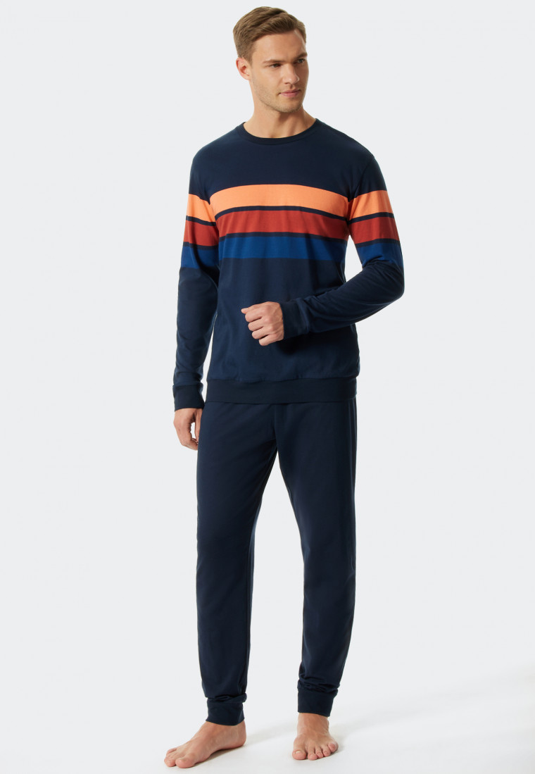 Pyjama lang blokstrepen manchetten donkerblauw/papaja - Fashion Nightwear