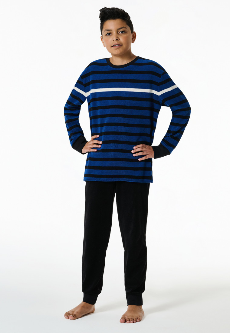 Schlafanzug lang Frottee Bündchen indigo geringelt - Nightwear
