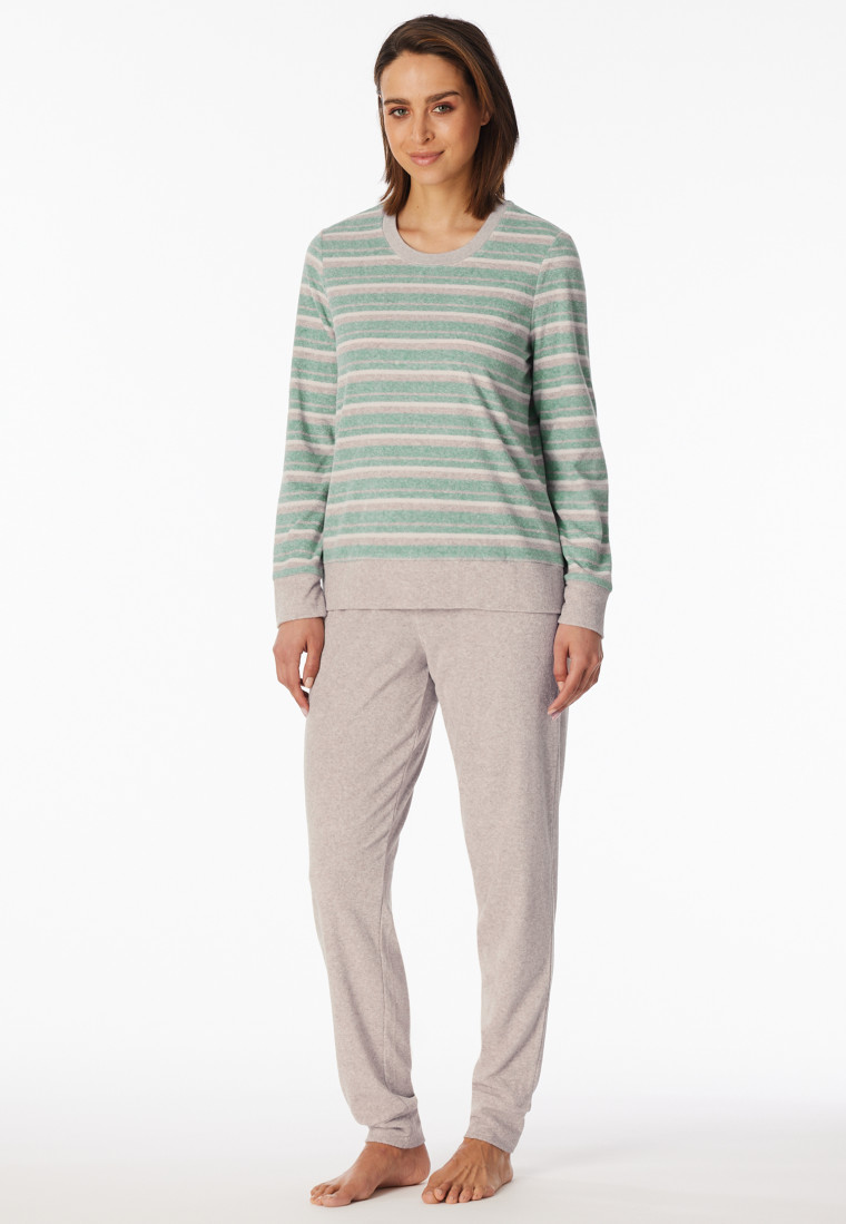 Schlafanzug lang Frottee Bündchen Ringel grün-meliert - Casual Essentials