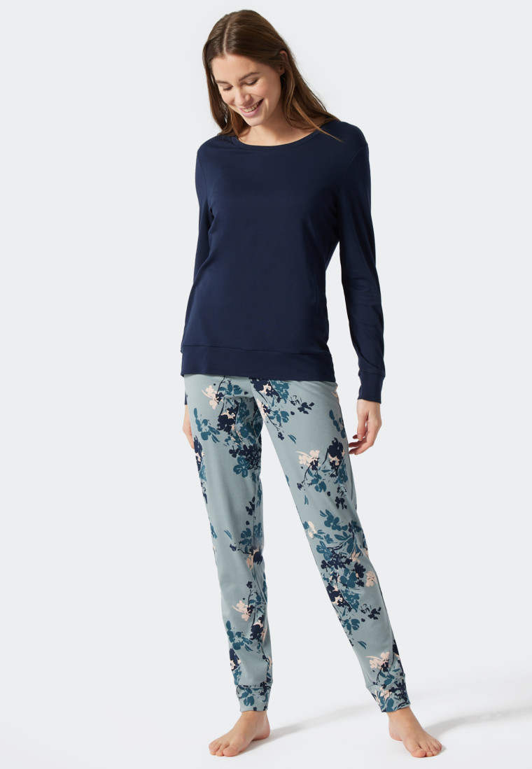 Schlafanzug lang Interlock Bündchen Blumenprint graublau - Contemporary Nightwear