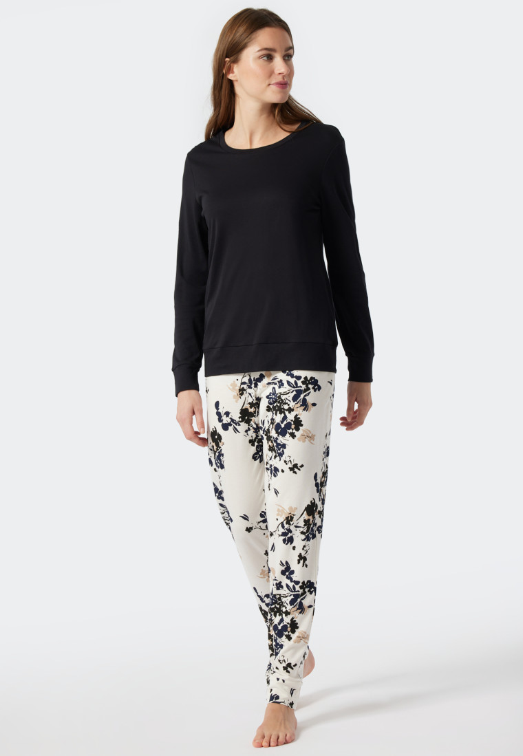 Schlafanzug lang Interlock Bündchen Blumenprint off-white - Contemporary Nightwear