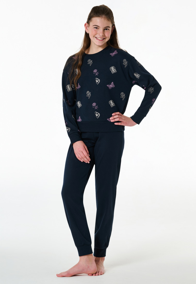 Schlafanzug lang Interlock Bündchen Traummotive nachtblau - Nightwear