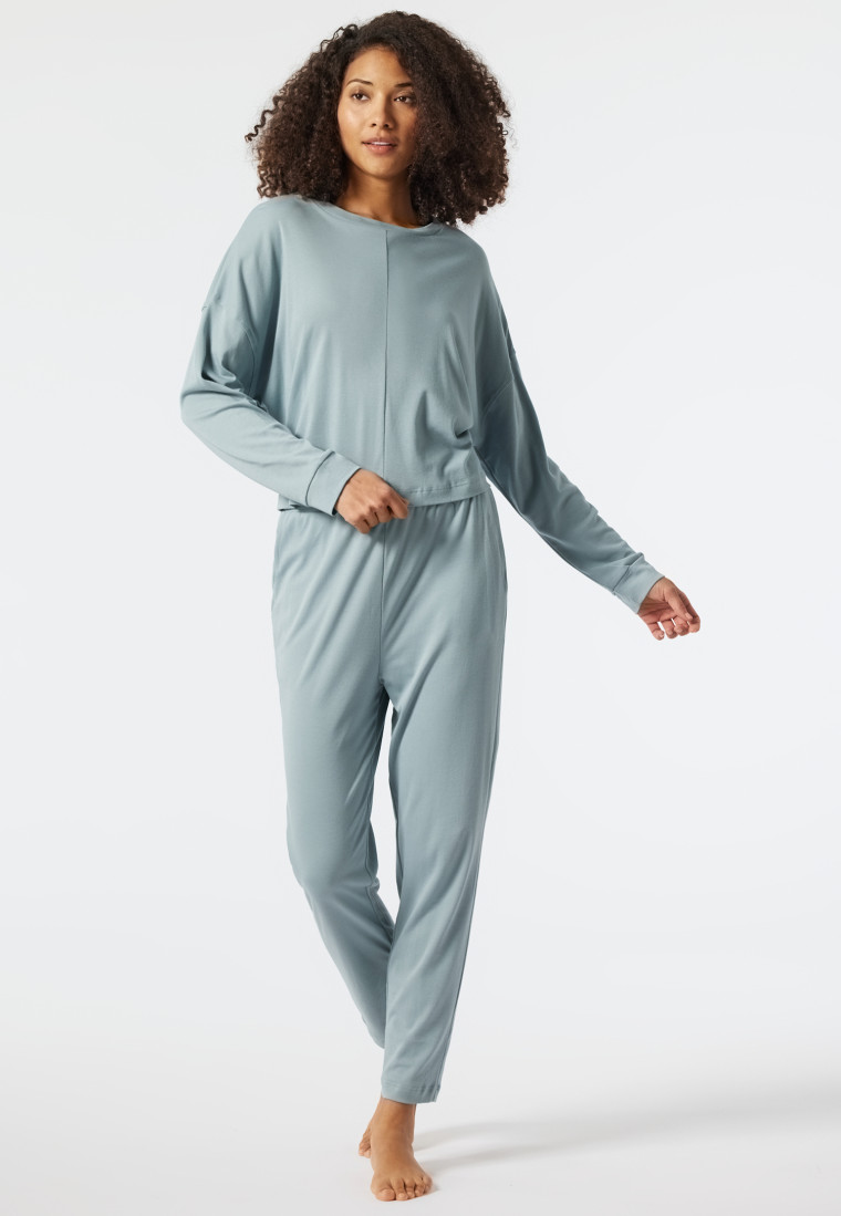 Schlafanzug lang Interlock kurzes Oversized-Shirt graublau - Modern Nightwear