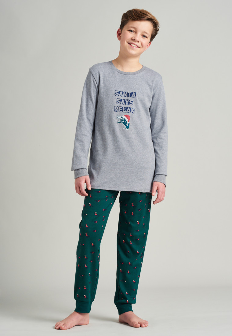 Pyjama long interlock coton biologique bords-côtes dinosaure gris chiné - Winter Escape