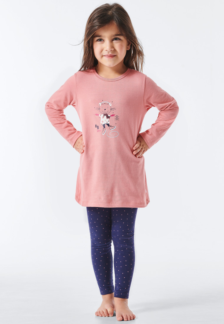 Pajamas long interlock organic cotton cat ice skates triangles dusky pink - Cat Zoe