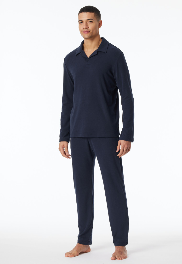 Pajamas long interlock polo collar midnight blue - Selected Premium Warming