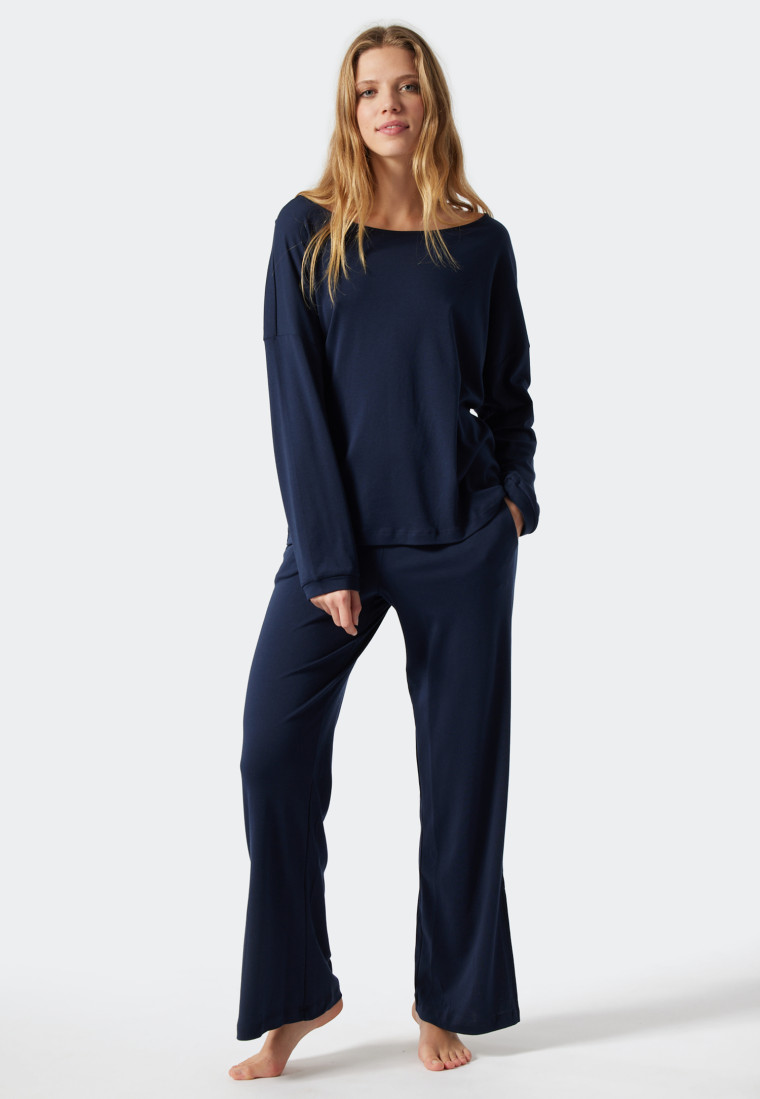Schlafanzug lang Modal Oversized-Shirt überschnittene Schultern dunkelblau - Modern Nightwear
