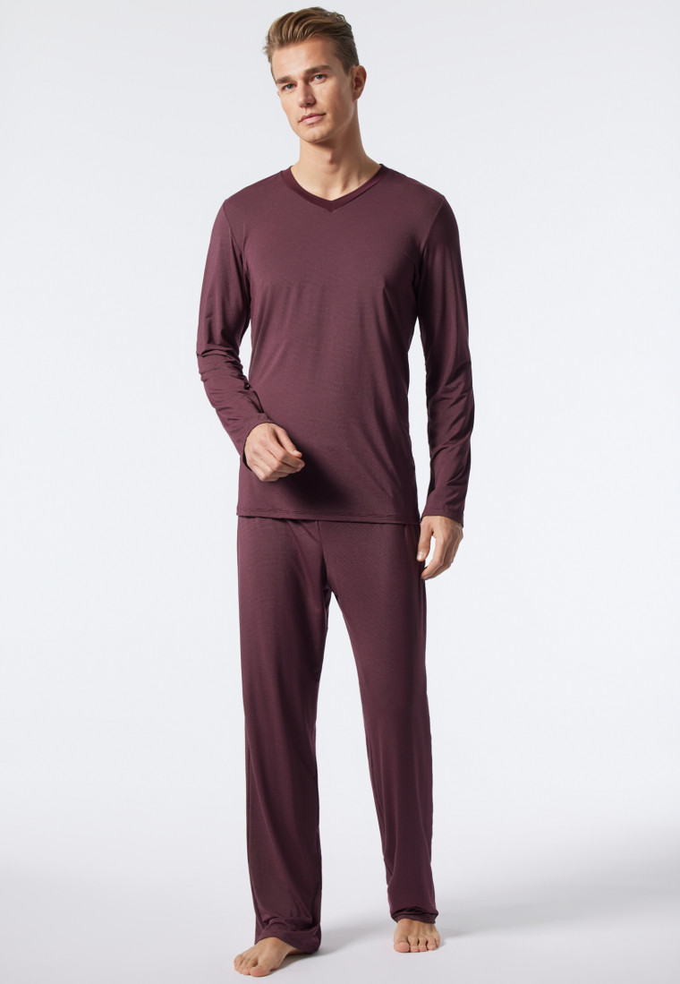 Pyjama long encolure en V en modal rayé bordeaux - Long Life Soft
