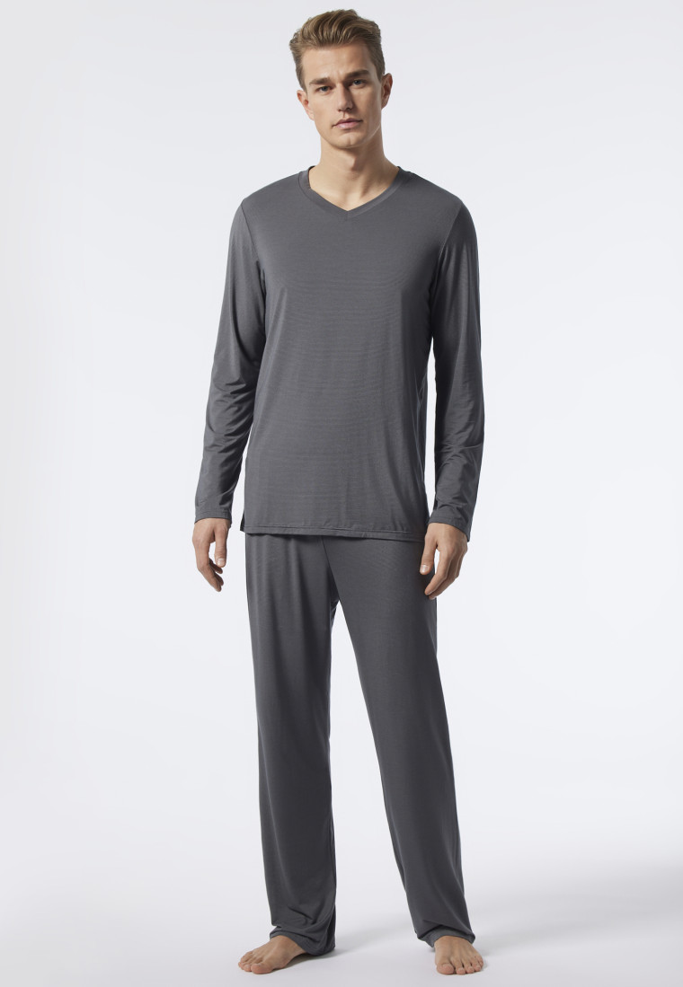 Long pajamas modal V-neck striped dark gray - Long Life Soft