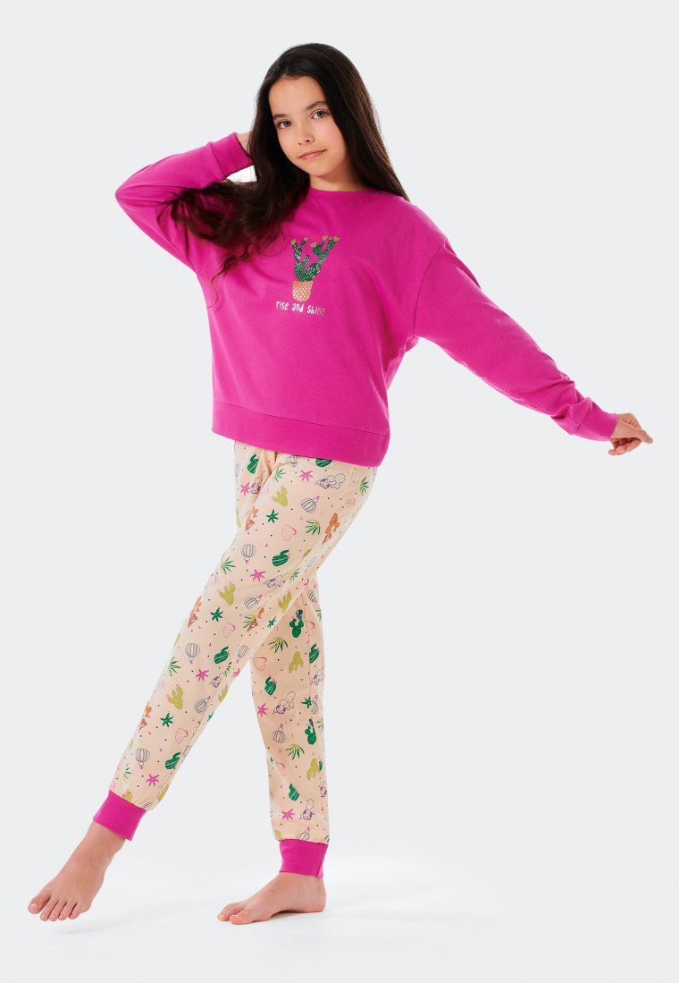 Pyjama long coton biologique bords-côtes rose cactus - Prickly Love