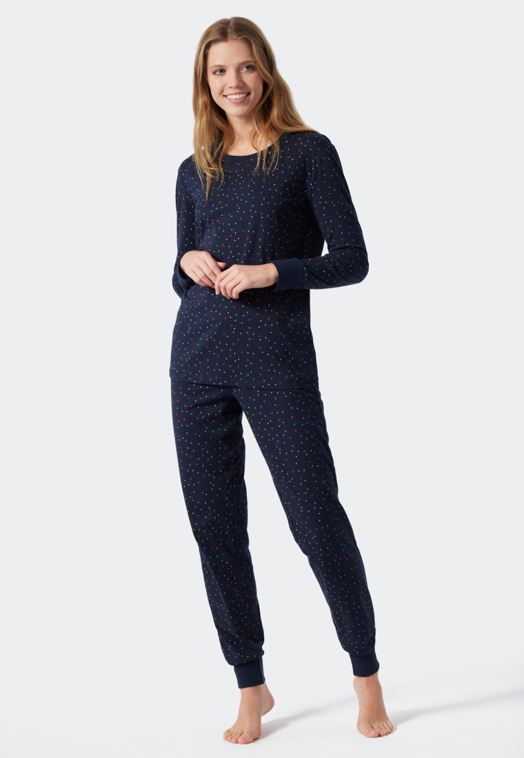 Pyjama long coton bio bords-côtes imprimé bleu foncé - Family