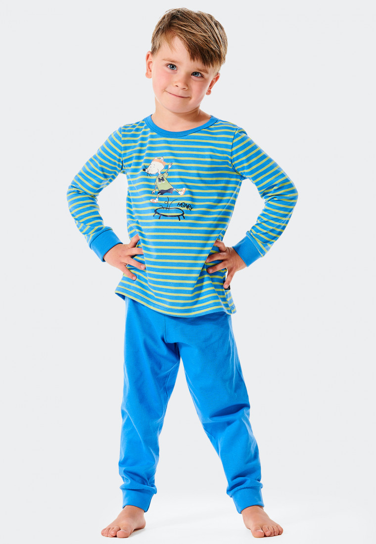 Pyjama long en coton bio avec des bords-côtes rayés et des rats faisant du trampoline bleus - Rat Henry
