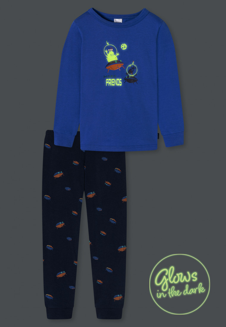 Pajamas long organic cotton cuffs UFOs alien glow effect blue